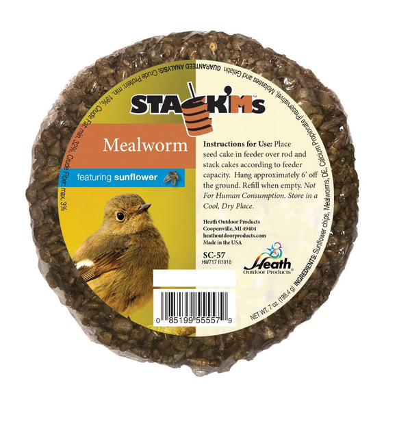 Heath Manufacturing SC-57: 7-ounce Mealworm & Sunflower Chips Stack'Ms Seed Cake - 6-pack Case (7 oz)