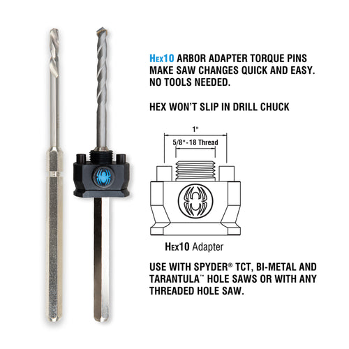 Spyder Hex10 1/2 HSS Quick Change Hole Saw Arbor Assembly Rapid Core Eject™